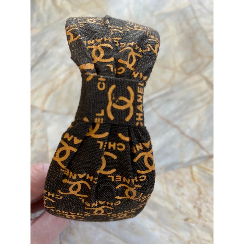 Brown Canvas Logo Print Knotted Headband Gold Tone Motif Accessory
